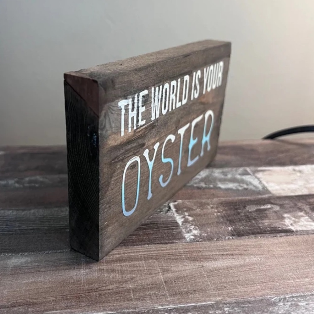 Wooden Block Sign with Blue Text